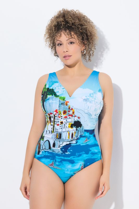 Maillot de bain à bonnets souples, décolleté en V, motif Positano, matière recyclée
