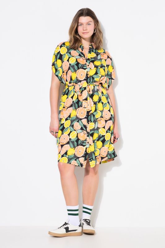 Robe-chemisier longueur midi, imprimé fruits, ceinture à nouer
