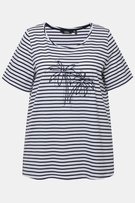 T-shirt à col rond et manches courtes. Broderie palmiers et rayures.