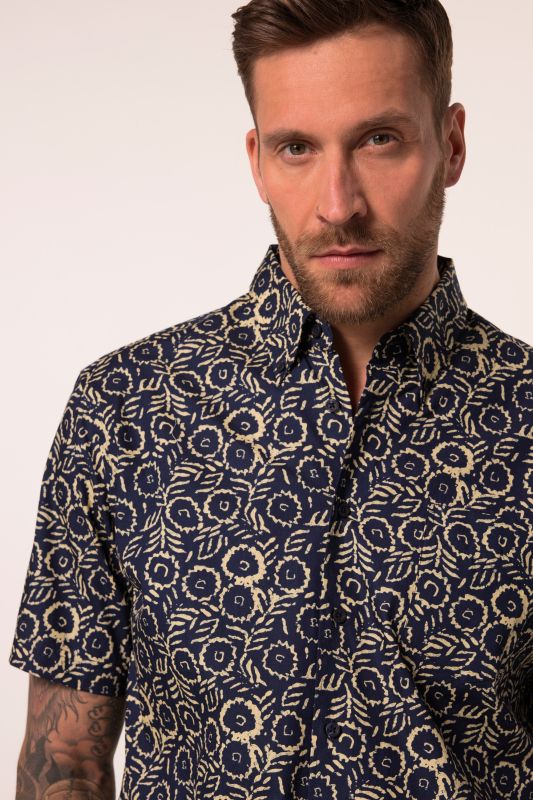 Chemise JP 1880 imprimé all-over, manches courtes et col à pointes boutonnées, coupe Modern Fit - jusqu'au 8 XL