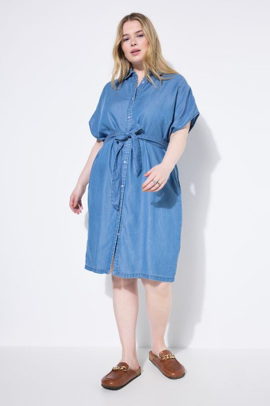 Robe chemisier en denim souple, ceinture à nouer