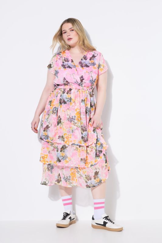 Robe midi en mousseline, fond de robe et volants, coupe évasée