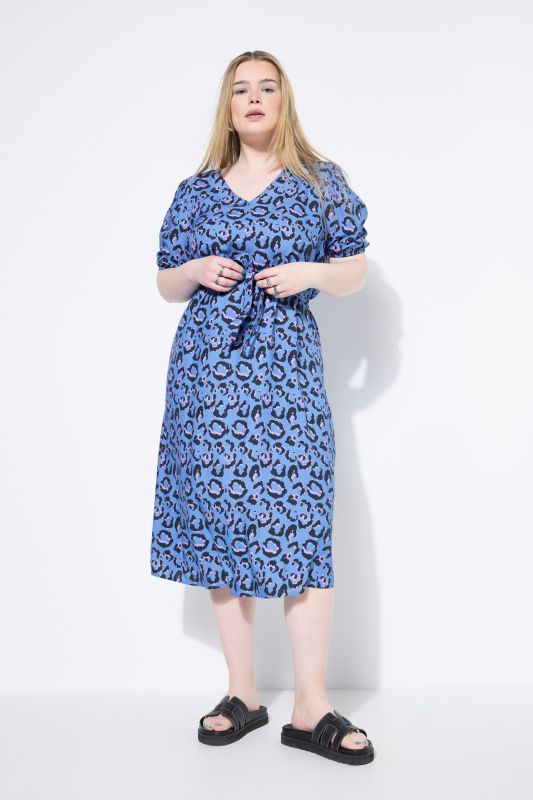 Robe midi coupe évasée, imprimé léopard, cordon de serrage à la taille