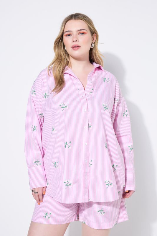 Chemisier à rayures oversize, fleurs brodées