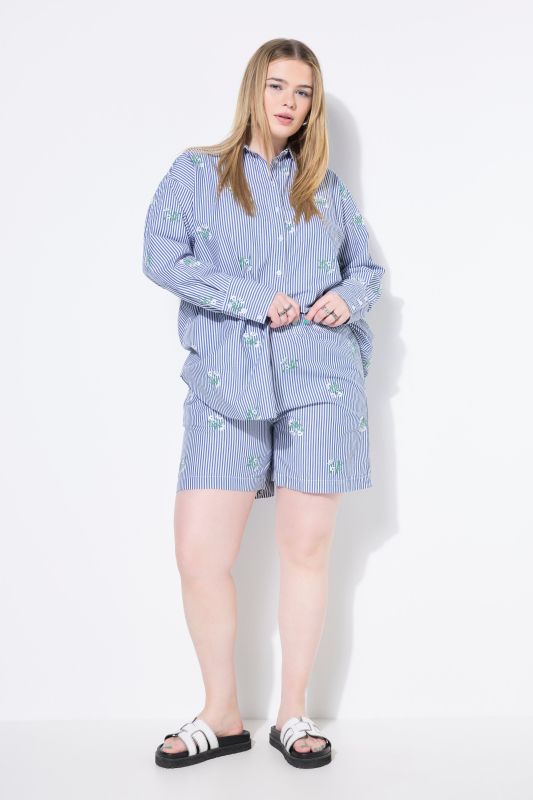 Short rayé, jambe large, broderie florale