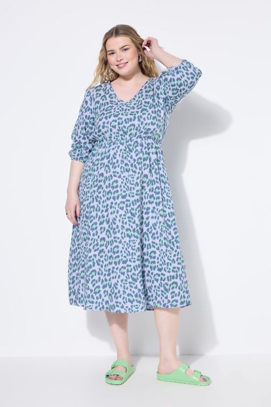 Robe midi, imprimé léopard coloré, manches bouffantes et coupe évasée