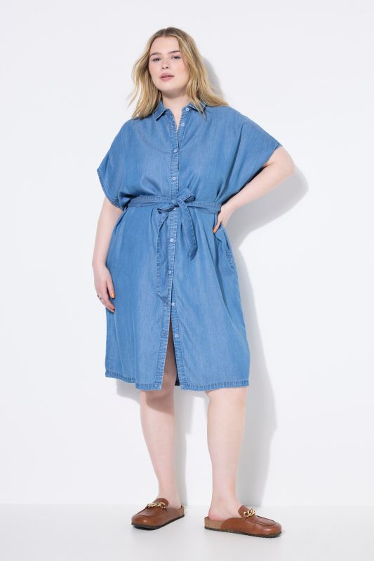 Robe chemisier en denim souple, ceinture à nouer
