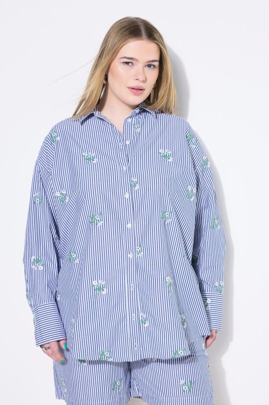 Chemisier à rayures oversize, fleurs brodées