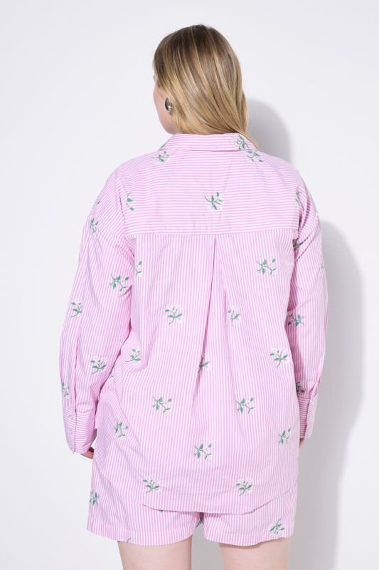 Chemisier à rayures oversize, fleurs brodées