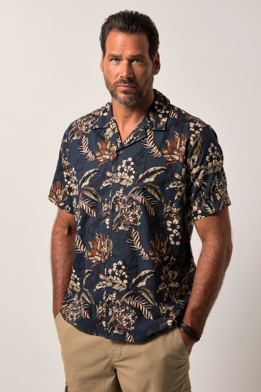 Chemise JP 1880 en lin mélangé, imprimé all-over, manches courtes et col cubain - jusqu'au 8 XL