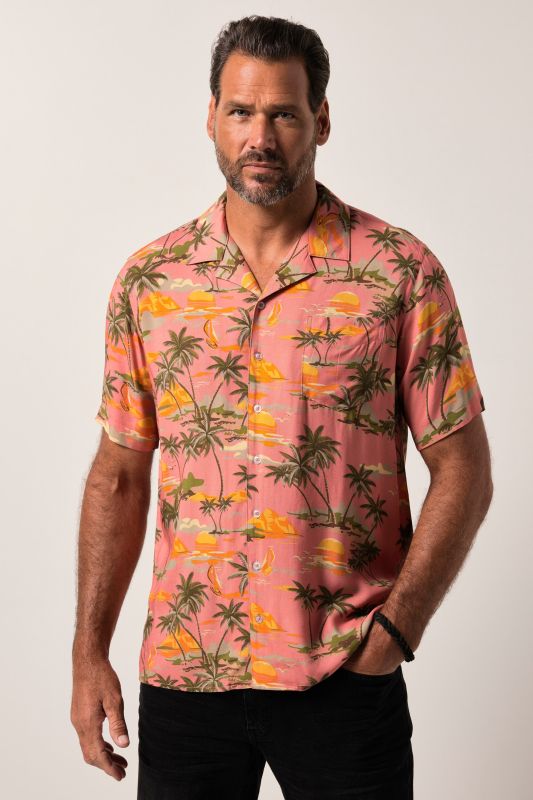 Chemise JP 1880 en viscose, manches courtes, col cubain et imprimé all-over, coupe Cuba-Fit - jusqu'au 8 XL