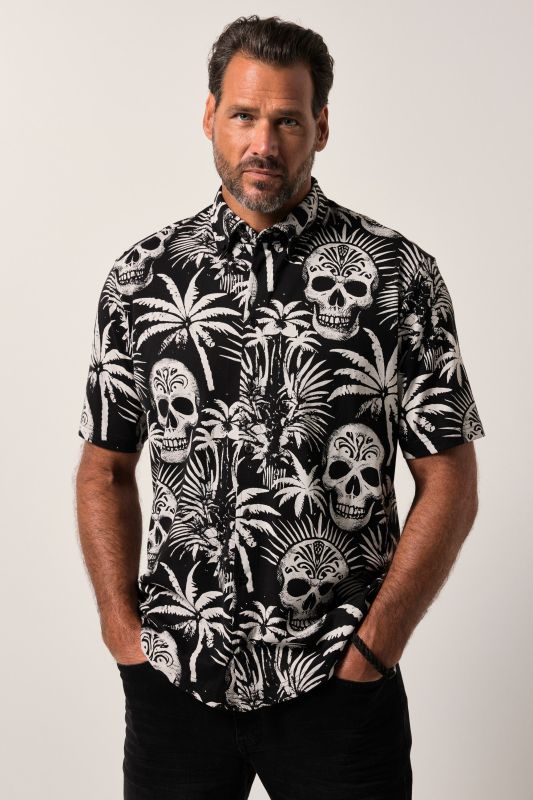 Chemise en jersey JP 1880, manches courtes et col à pointes boutonnées, motif tête de mort, coupe Modern Fit - jusqu'au 8 XL