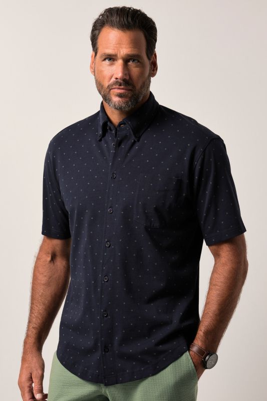 Chemise en jersey JP 1880, manches courtes et col à pointes boutonnées, motif minimaliste, coupe Modern Fit - jusqu'au 8 XL