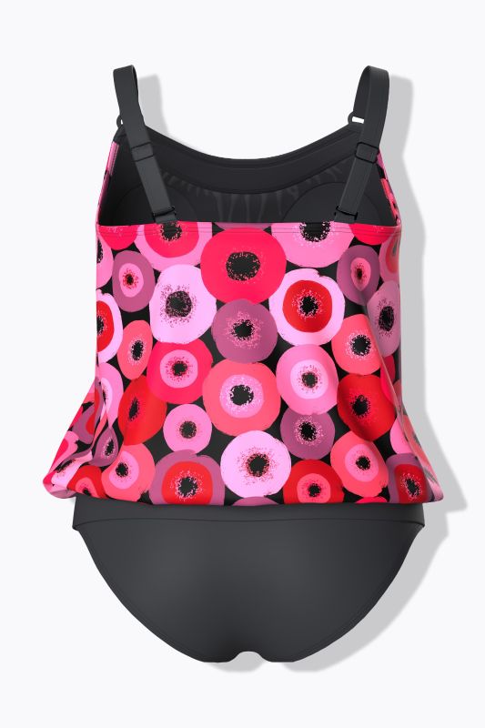 Tankini à imprimé cercles. Bonnets souples et bretelles ajustables. Matières recyclées