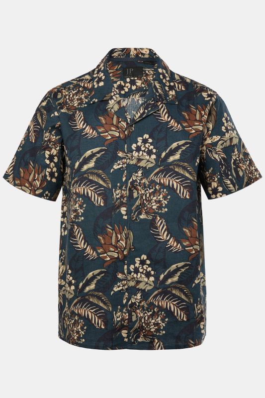 Chemise JP 1880 en lin mélangé, imprimé all-over, manches courtes et col cubain - jusqu'au 8 XL