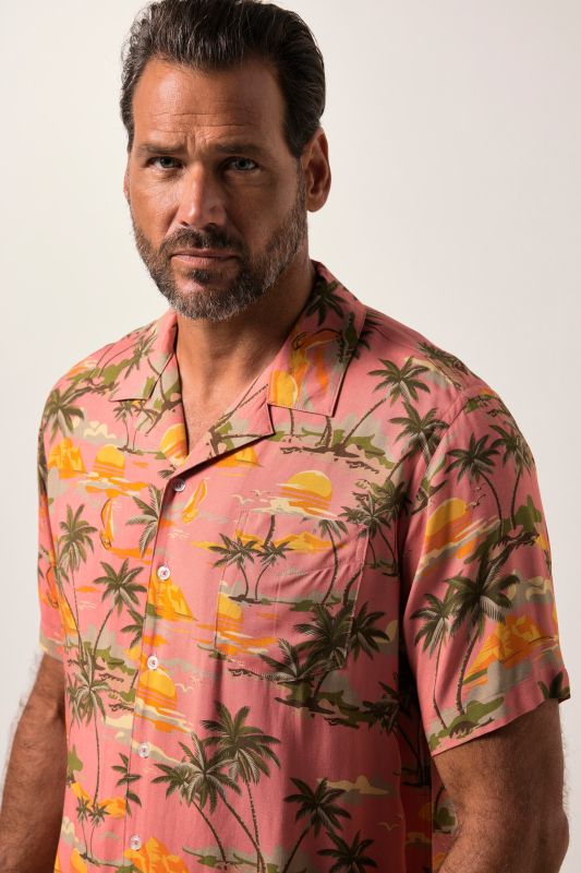 Chemise JP 1880 en viscose, manches courtes, col cubain et imprimé all-over, coupe Cuba-Fit - jusqu'au 8 XL