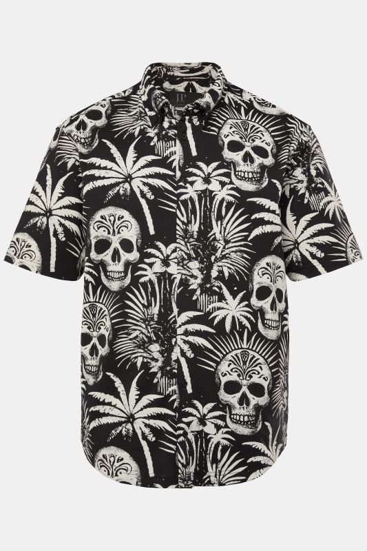 Chemise en jersey JP 1880, manches courtes et col à pointes boutonnées, motif tête de mort, coupe Modern Fit - jusqu'au 8 XL