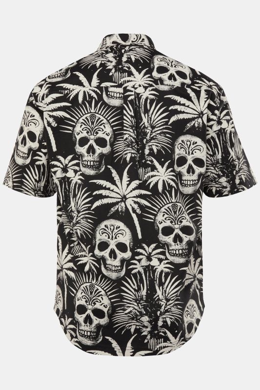 Chemise en jersey JP 1880, manches courtes et col à pointes boutonnées, motif tête de mort, coupe Modern Fit - jusqu'au 8 XL
