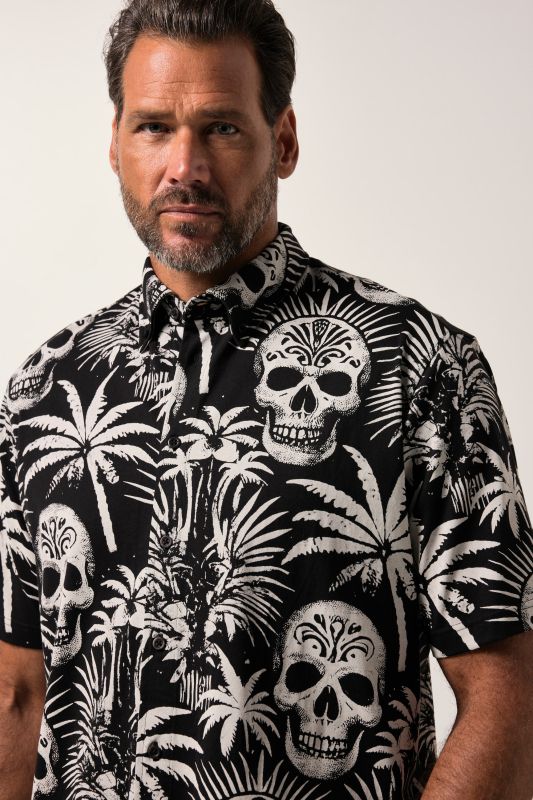 Chemise en jersey JP 1880, manches courtes et col à pointes boutonnées, motif tête de mort, coupe Modern Fit - jusqu'au 8 XL
