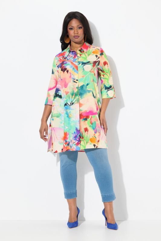 Chemisier long en Lyocell, coupe évasée, manches 3/4 et col chemise