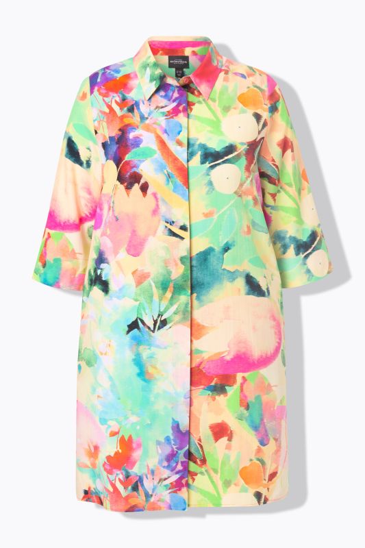 Chemisier long en Lyocell, coupe évasée, manches 3/4 et col chemise
