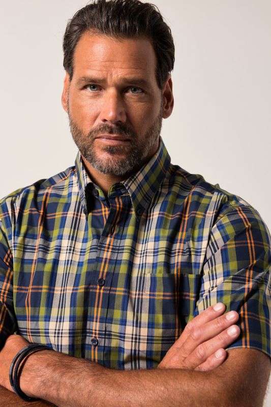 Chemise à carreaux JP 1880, manches courtes et col à pointes boutonnées, coupe Modern Fit - jusqu'au 8 XL