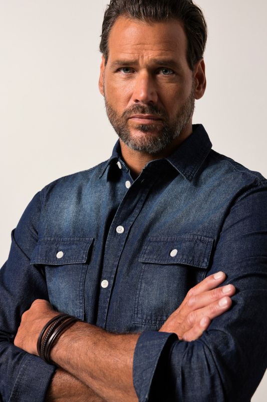 Chemise en jean JP 1880, esprit vintage, manches longues et col Kent, coupe Modern Fit - jusqu'au 8&nbsp;XL