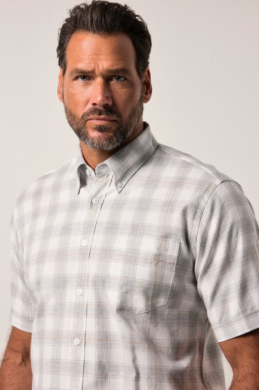 Chemise JP 1880 en flanelle, motif à carreaux, manches courtes et col à pointes boutonnées, coupe Modern Fit – jusqu'au 8&nbsp;XL