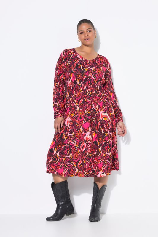 Robe midi imprimé all-over, manches longues raglan, coupe évasée