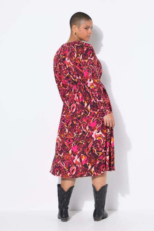 Robe midi imprimé all-over, manches longues raglan, coupe évasée