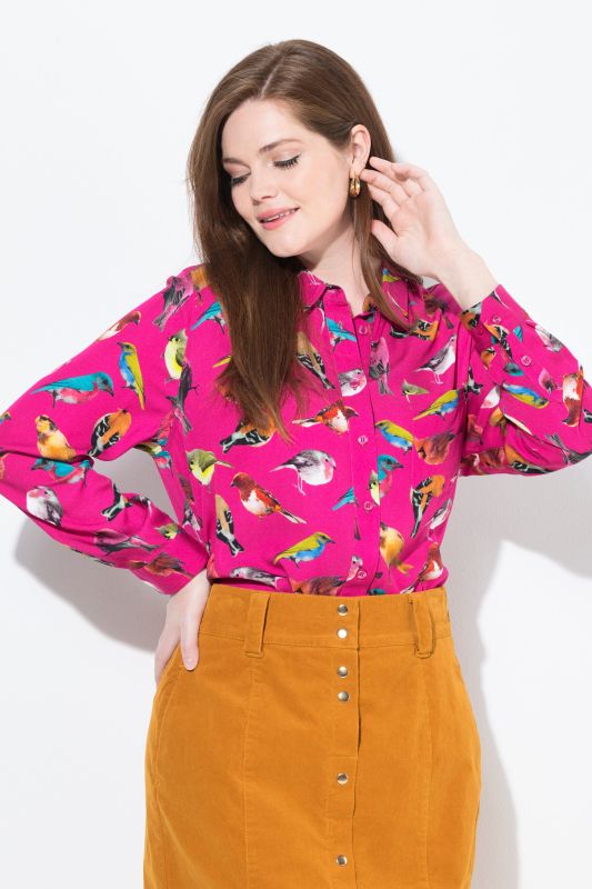 Chemisier, oiseaux, col chemise, manches longues