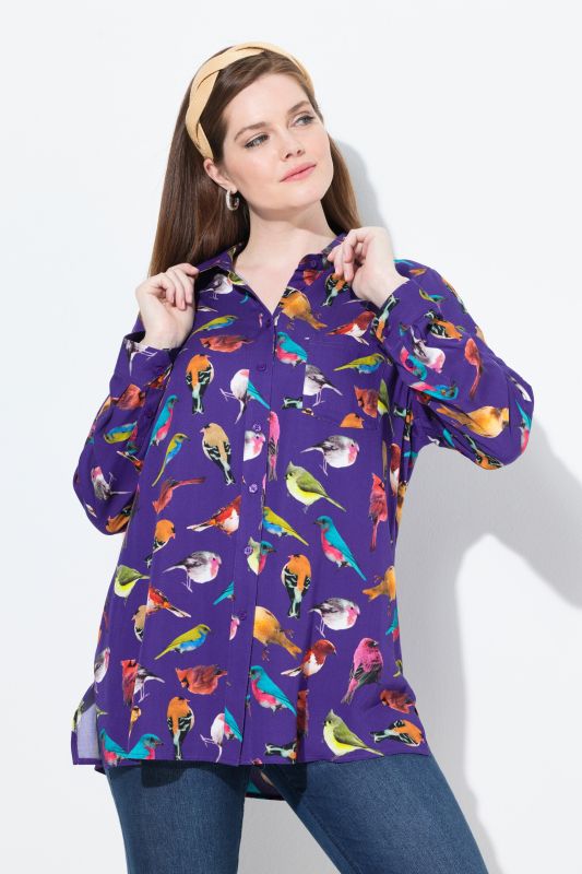Chemisier, oiseaux, col chemise, manches longues