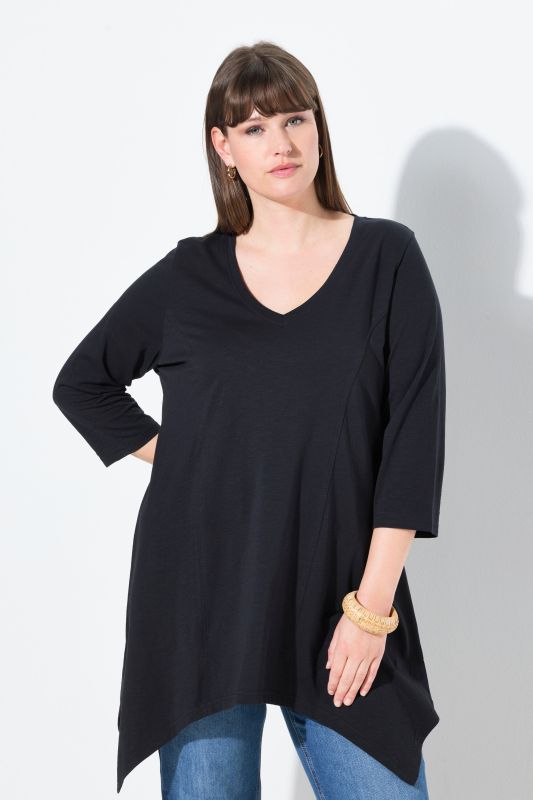 T-shirt, finition en pointe, col en V, manches 3/4, coton bio
