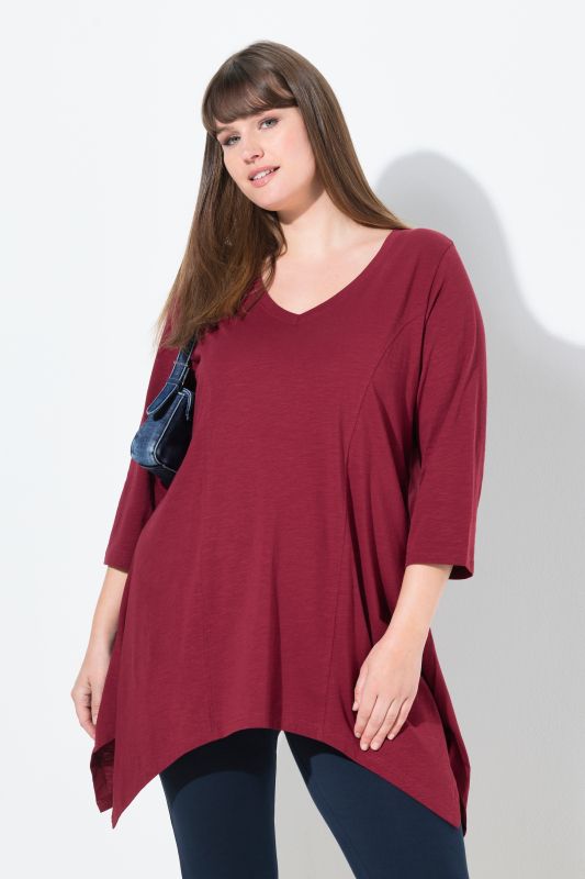 T-shirt, finition en pointe, col en V, manches 3/4, coton bio