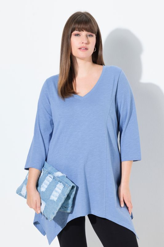 T-shirt, finition en pointe, col en V, manches 3/4, coton bio