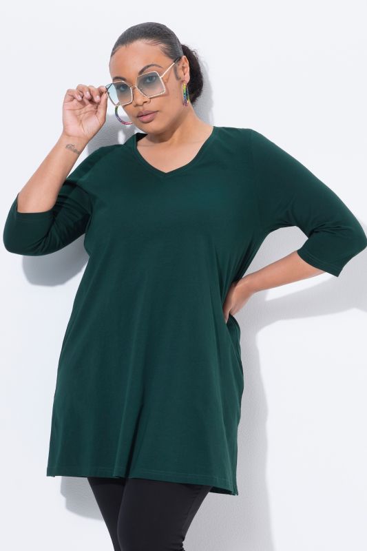 T-shirt long, silhouette en A, col V, manches 3/4