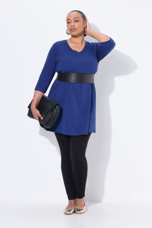 T-shirt long, silhouette en A, col V, manches 3/4