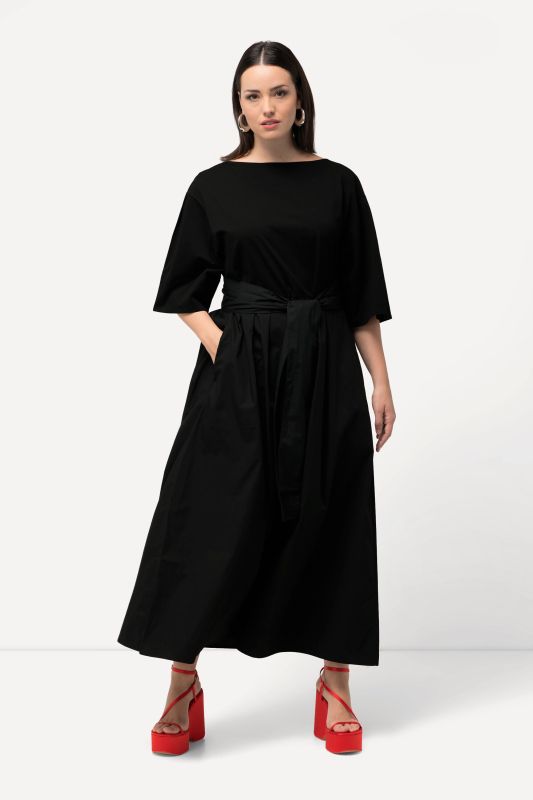Robes maxi, coupe évasée, ceinture, col rond, manches courtes