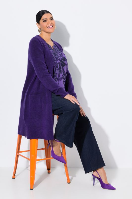 Cardigan long, forme ouverte avec poches, décolleté en V