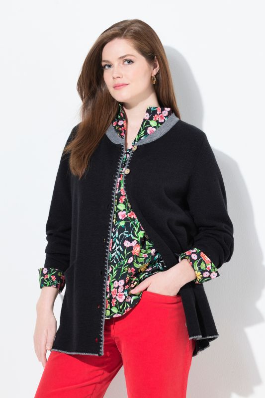 Cardigan long à col rond, broderie cerf, coupe évasée