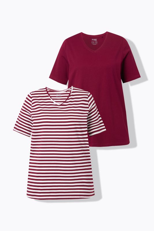 T-shirt, lot de 2, rayures/uni, col en V, manches courtes