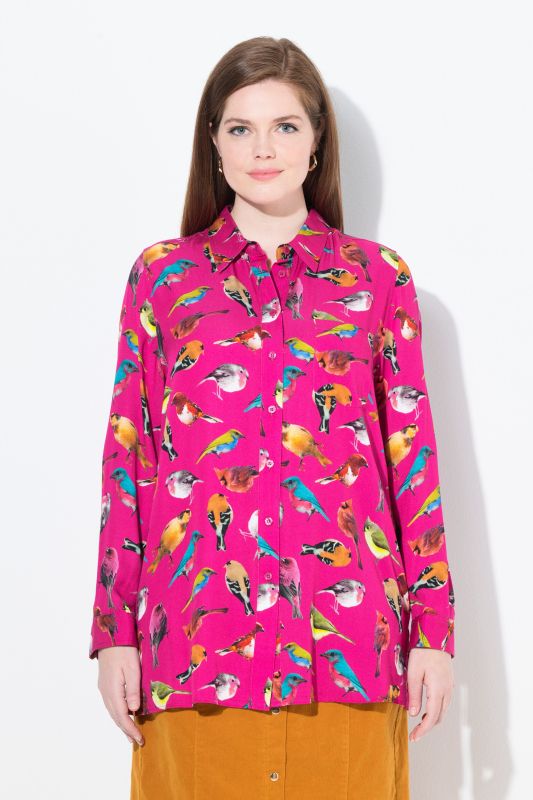 Chemisier, oiseaux, col chemise, manches longues