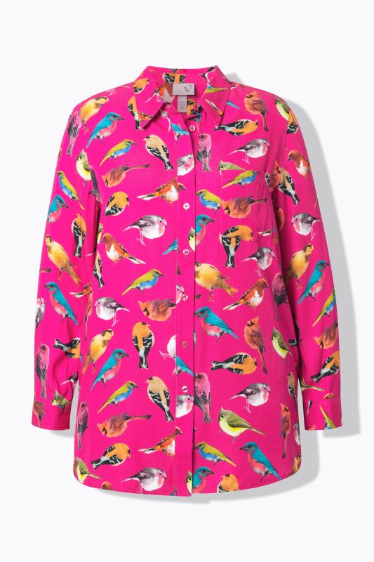 Chemisier, oiseaux, col chemise, manches longues