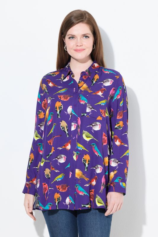 Chemisier, oiseaux, col chemise, manches longues