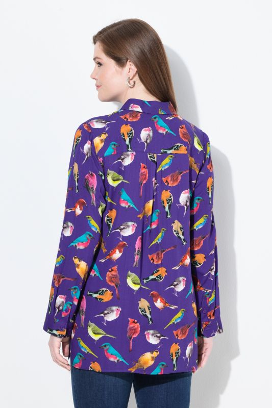 Chemisier, oiseaux, col chemise, manches longues