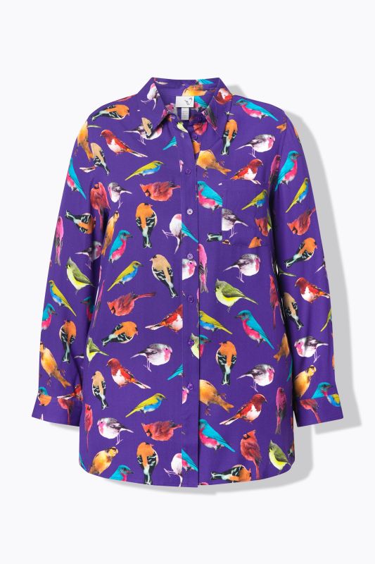 Chemisier, oiseaux, col chemise, manches longues