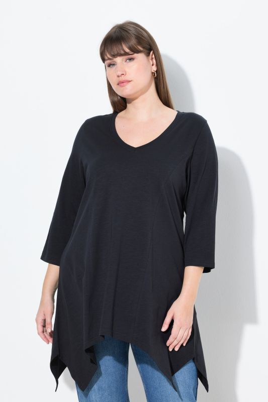 T-shirt, finition en pointe, col en V, manches 3/4, coton bio