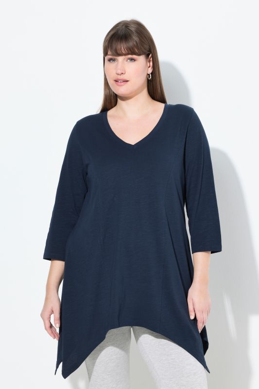 T-shirt, finition en pointe, col en V, manches 3/4, coton bio