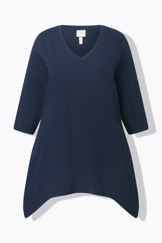 T-shirt, finition en pointe, col en V, manches 3/4, coton bio