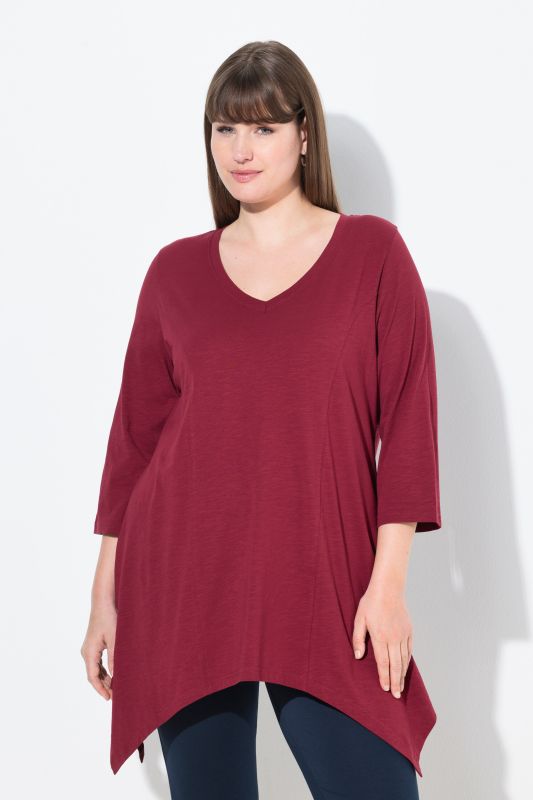 T-shirt, finition en pointe, col en V, manches 3/4, coton bio